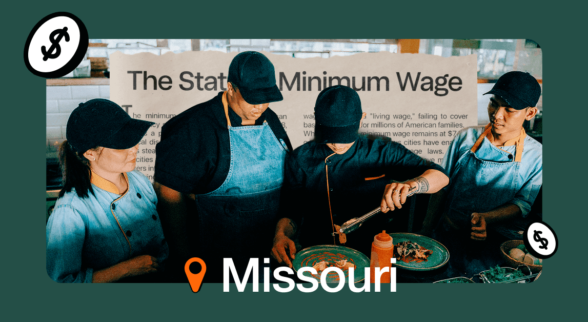 Workers in Missouri with minimum wage sign.