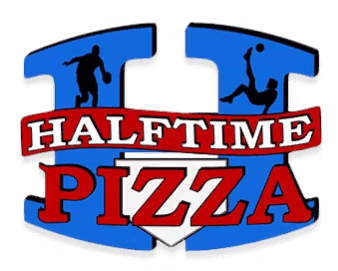 Halftime Pizza logo with sports silhouettes.