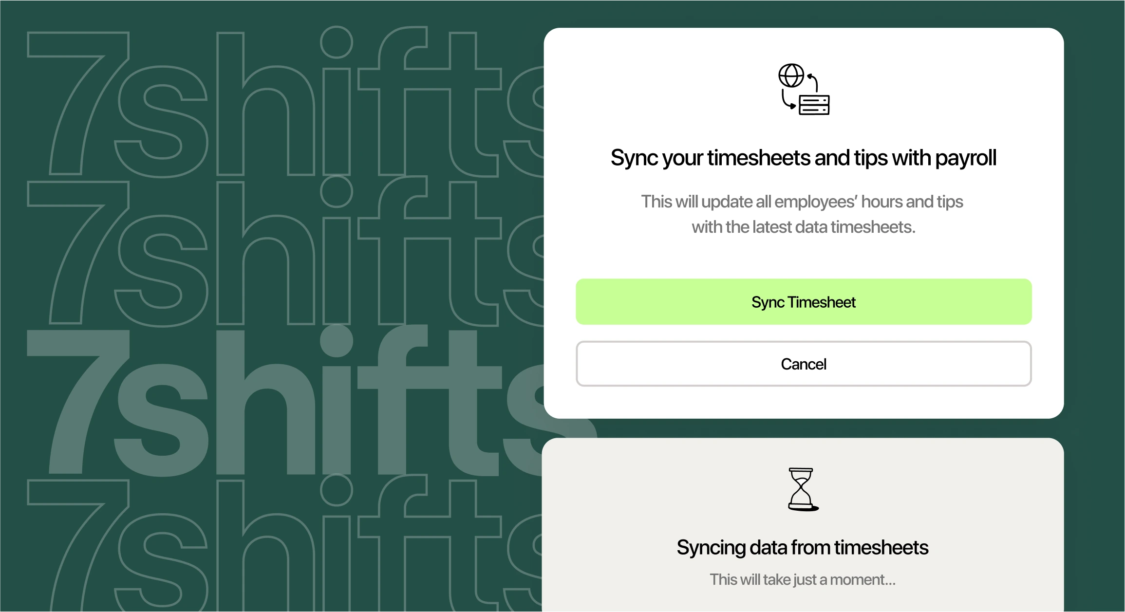 Sync timesheets with payroll interface screenshot.