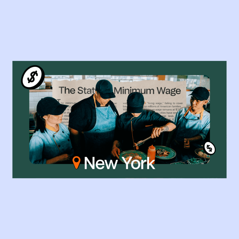 New York minimum wage graphic with group of restaurant employees