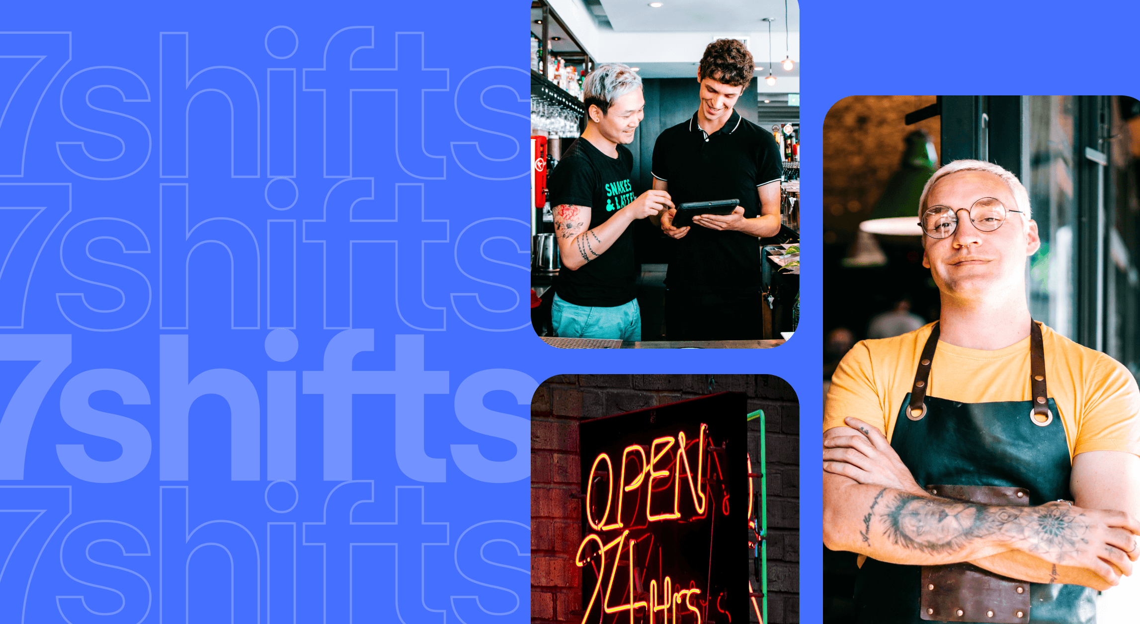 Three lifestyle images of restaurants and employees beside 7shifts logo on blue background