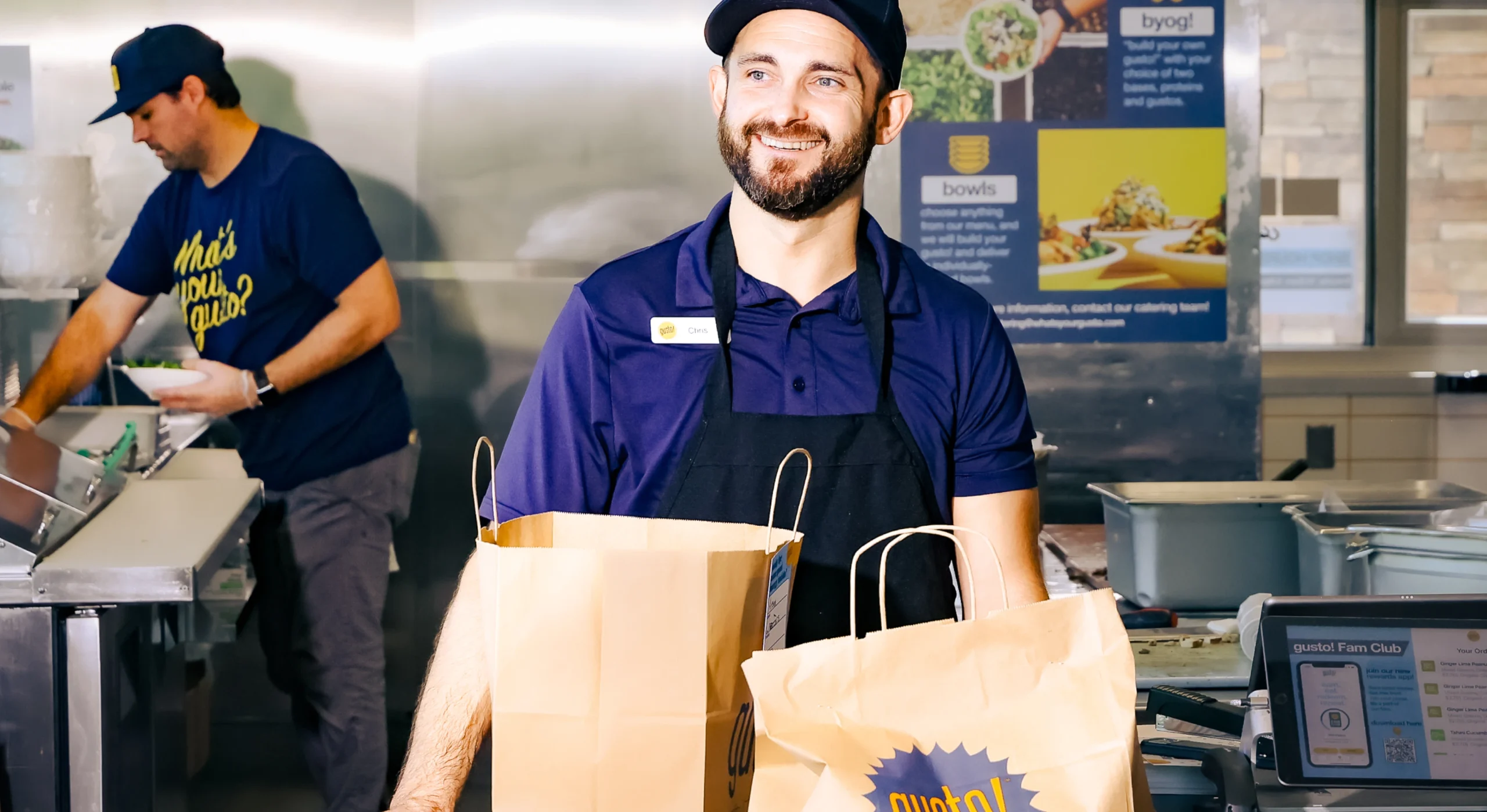 Restaurant employees behind counter