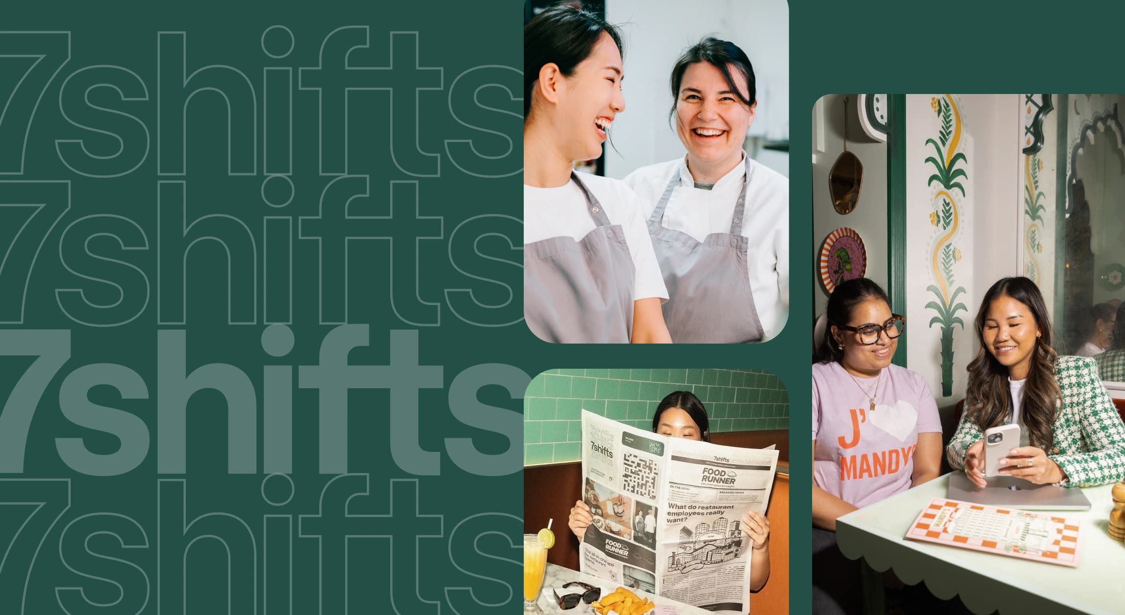 Collage of restaurant employees on green background with 7shifts logo