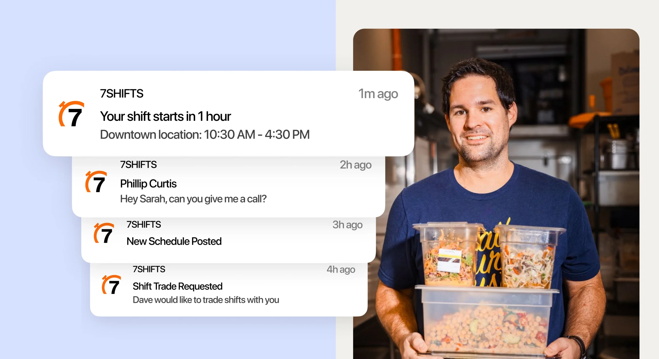 7shifts notifications graphic beside male restaurant employee holding boxes of ingredients