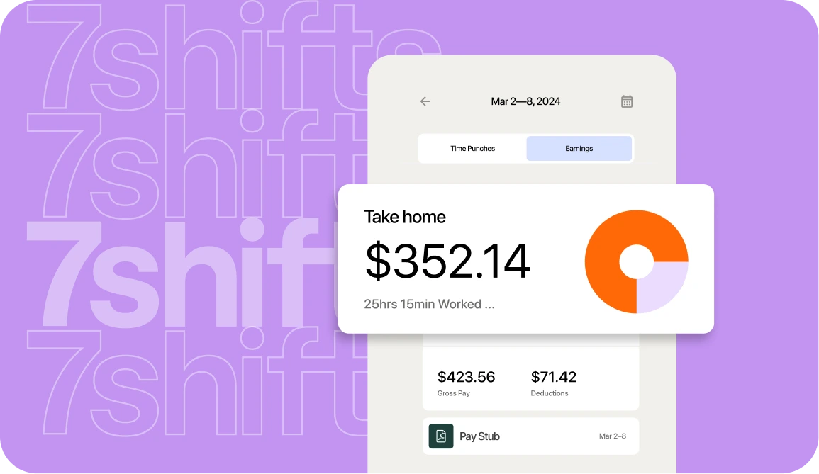 7shifts logo and graphic of payroll product on purple background
