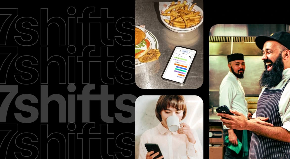 7shifts logo on black background with collage of restaurant tech imagery