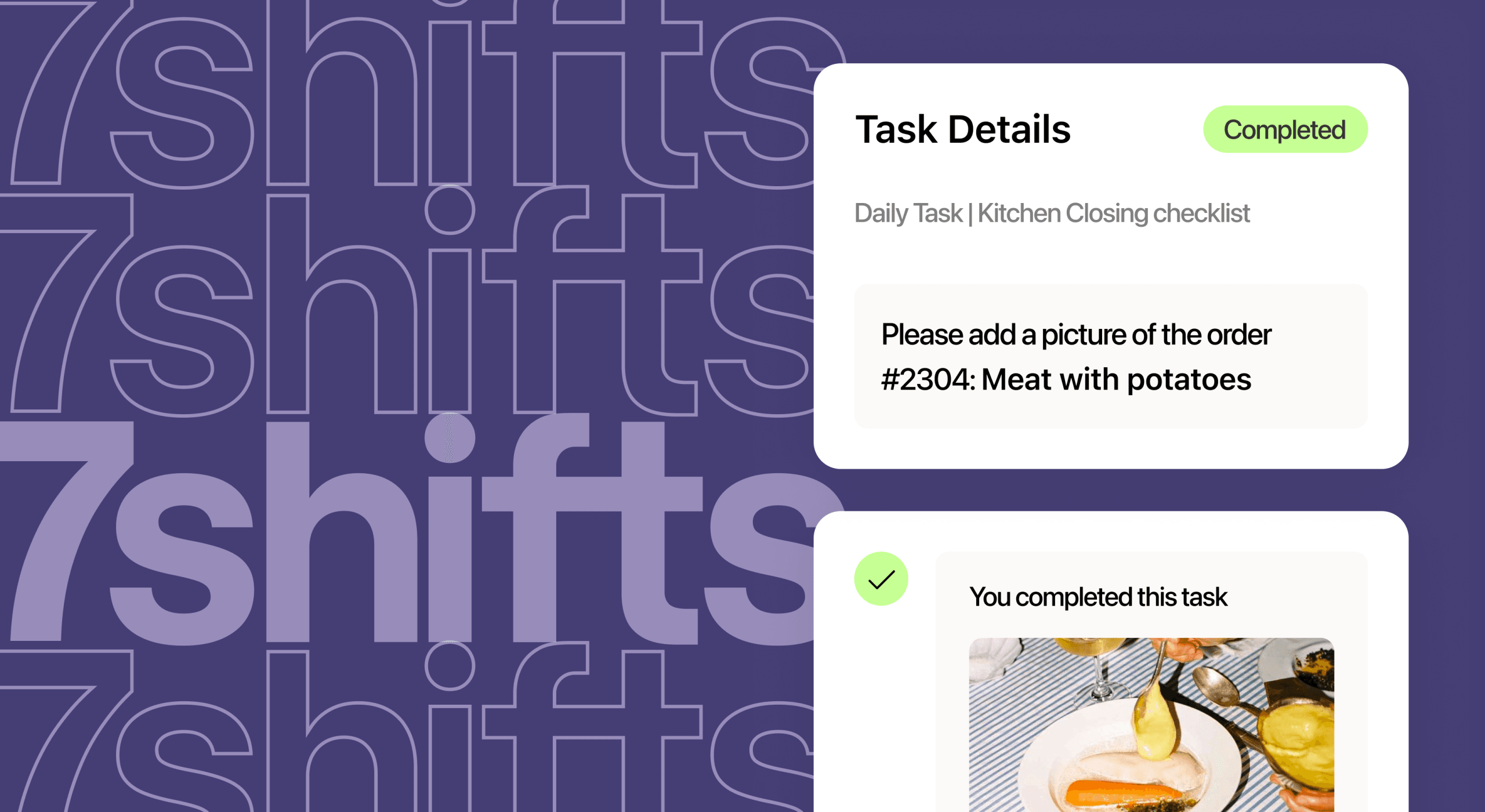 7shifts logo beside graphic of tasks notification on purple background
