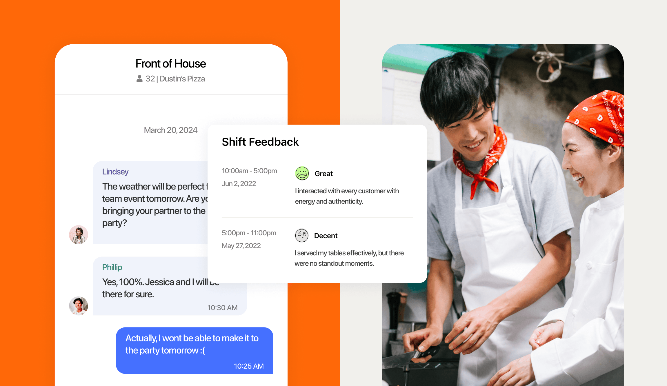 7shifts messages and Shift Feedback tool beside man and woman restaurant employees smiling in kitchen