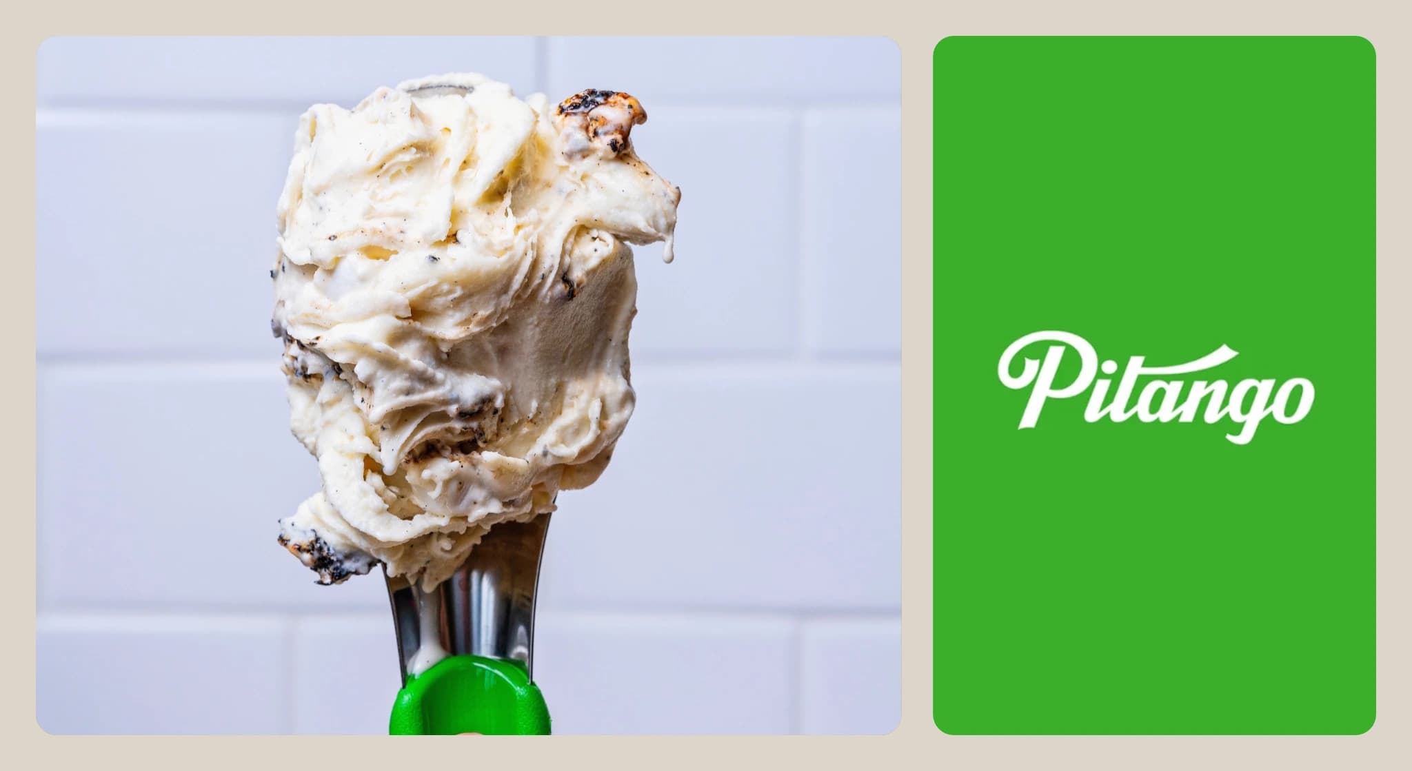 Gelato on spoon beside Pitango Gelato logo on green background