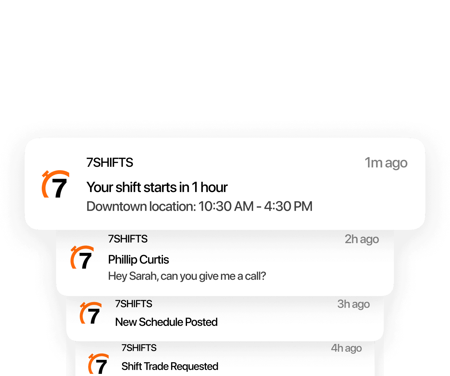 7shifts mobile app notifications for restaurant employees, including shift reminders and chat messages