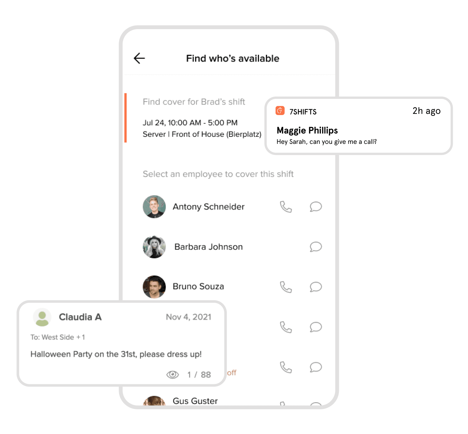 Restaurant team communication app screen