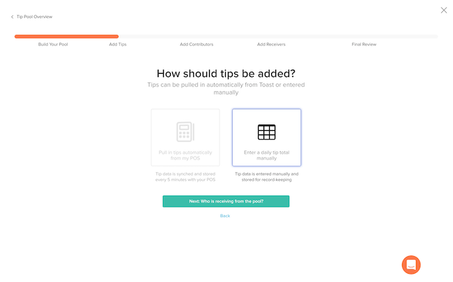 Image of tip pooling screen asking how tips should be added