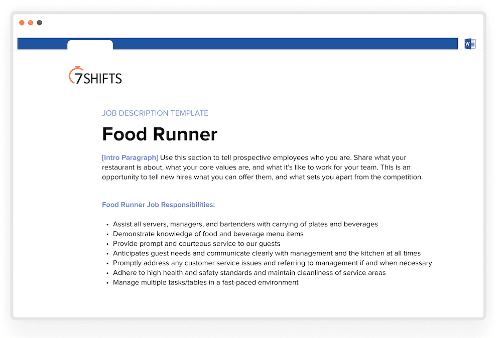 Food runner job description document
