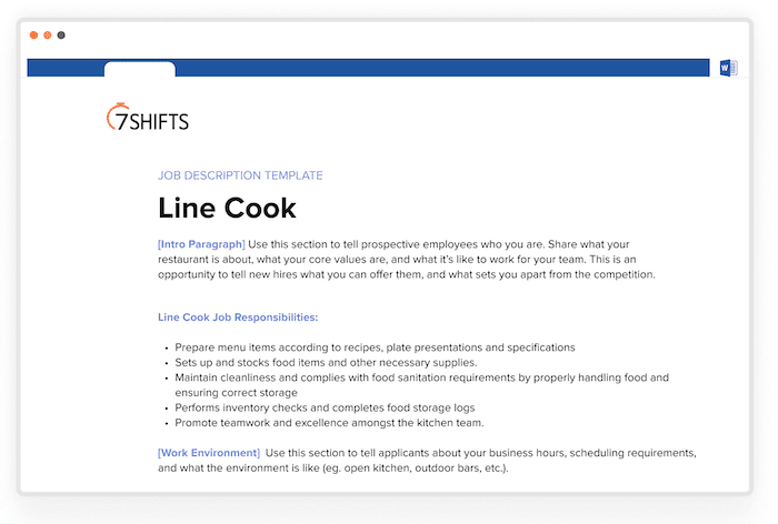 Line Cook description template preview