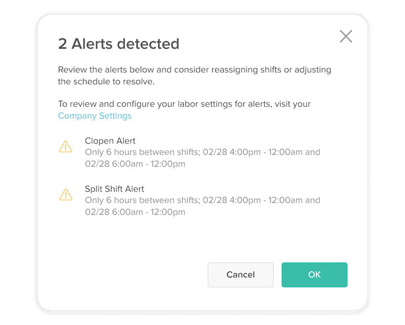 pop up box with alerts for labor compliance conflicts