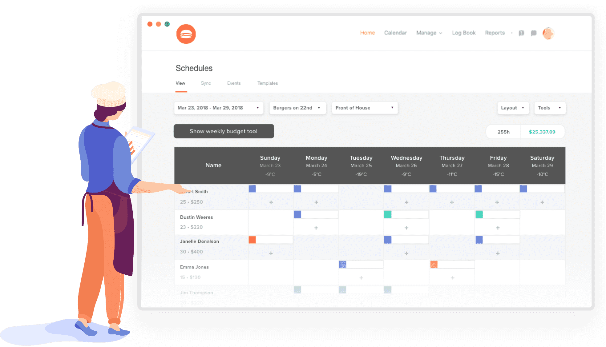 Illustration of employee and scheduling app page